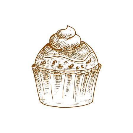 Muffin topped by cream swirl isolated sketch. Vector pastry food, sweet cake with pieces of chocolateのイラスト素材