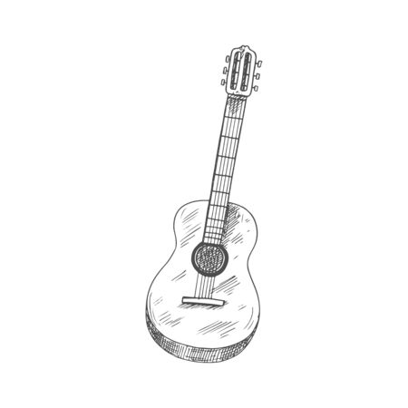 String guitar isolated vector musical instrument sketch. Vector stringed music tool, retro guitarのイラスト素材