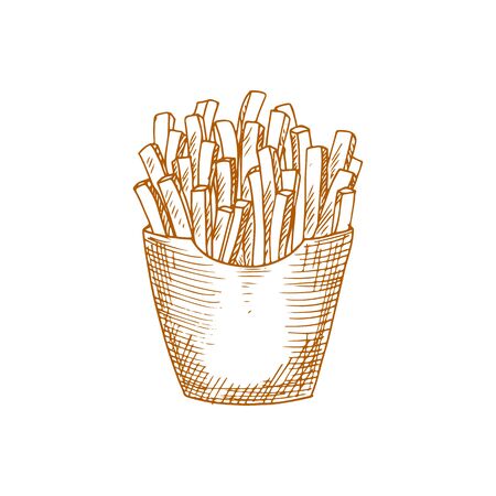French fries isolated monochrome sketch. Vector fastfood snack, cut into stripes potatoesのイラスト素材