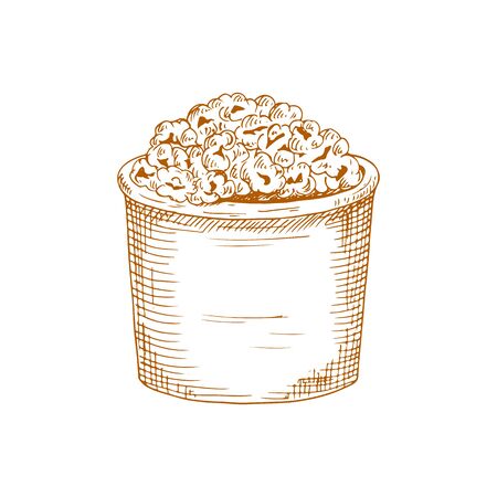 Bucket of popcorn isolated fastfood snack sketch. Vector container with baked corn seeds, cinema foodのイラスト素材
