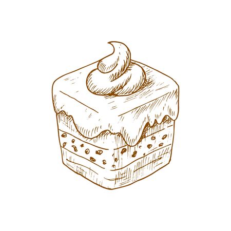 Piece of birthday cake isolated hand drawn sketch. Vector pastry dessert, homemade biscuit with swirlのイラスト素材