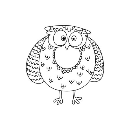 Owlet or young tired owl isolated outline bird. Vector feathered animal, wisdom symbolのイラスト素材