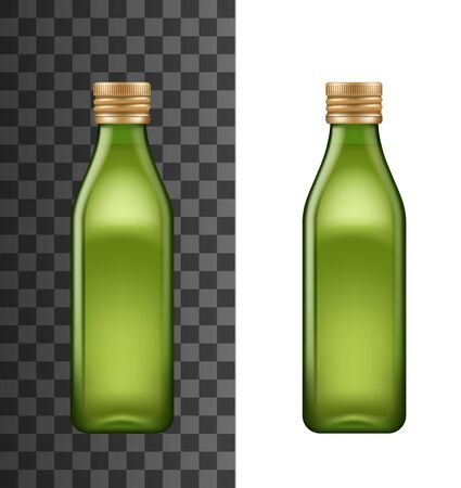 Olive oil bottle, vector 3D realistic blank mockup. Extra virgin olive oil green glass bottle, square shape with golden lid isolated on white and transparent backgroundのイラスト素材