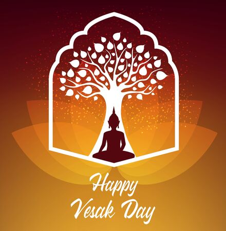 Vesak Day holiday. Buddha sitting under Bodhi tree meditate in lotus pose. Buddhism religion vector poster. Happy Vesak Day birthday celebration, enlightenment and death of Buddhaのイラスト素材