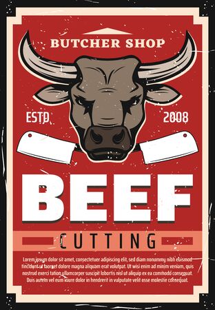 Beef meat cutting, butcher shop vector design. Cow or bull animal head with butcher knives grunge poster of butchery, meat shop, cattle or livestock farmのイラスト素材
