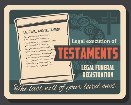Funeral service, will and testament execution vector design of burial, cremation and interment. Memorial ceremony flower wreath with black ribbon, religious cross and bequest documentのイラスト素材