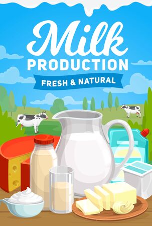 Milk and dairy farm food products vector poster. Natural organic milk in pitcher jug and glass bottles, cottage cheese, curd and butter, yogurt and cream, cattle farm cows on green fieldのイラスト素材