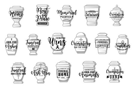 Funeral service, cremation urns vector icons, burial ceremony organization agency signs. Funeral and crematory supplies for columbarium and ash urns shop with black RIP ribbon symbolのイラスト素材