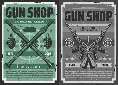 Gun shop and military ammunition weapon store, vector retro vintage posters. Defense weaponry, shooting range machine guns, bullets and bomb launchers, grenades and bazookas, tanks and revolversのイラスト素材