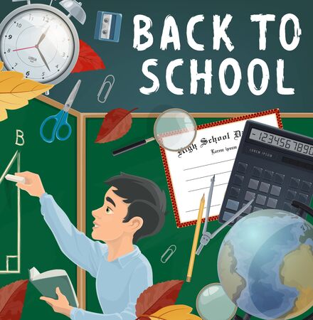 Back to School vector design with student writing on chalkboard and education supplies. Pupil book, pencil and calculator, chalkboard, globe, scissors and diploma, magnifier, sharpener and alarm clockのイラスト素材