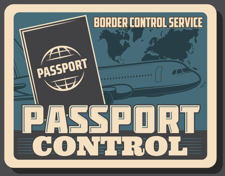 Airport passport and border customs control service, vector vintage retro poster. Air travel and aviation, international airlines, charter flights and private jet, business and low cost flightsのイラスト素材