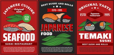 Seafood sushi and temaki, Japanese restaurant food menu, vector posters. Japanese cuisine sushi bar rolls with salmon and tuna fish, temaki with nori seaweed and riceのイラスト素材