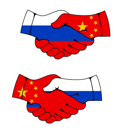 China and Russia, cooperation handshake symbol with flags. China and Russia friendship and partnership, contribution and business agreement handshake sign, Chinese and Russian treaty vector iconのイラスト素材