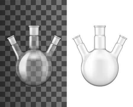 Glass flask, chemical laboratory glassware beaker, vector 3D realistic mockup. Three necks glass vial or round vial test, chemistry research jar, empty isolated on transparent backgroundのイラスト素材