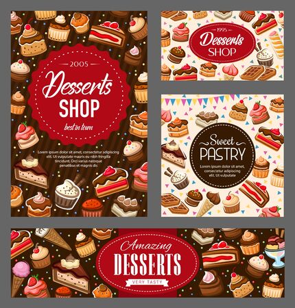 Pastry sweets, bakery desserts shop, vector banners. Cakes and sweet desserts, pastry and patisserie cheesecake, chocolate cupcakes with berries and fruits, ice cream cones and waffle biscuitsのイラスト素材