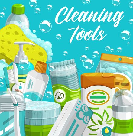 Personal hygiene, beauty and skin care products. Vector soap, toothpaste and toothbrush, shampoo, bath foam or shower gel bottle, sponge, deodorant, cotton balls, pads and swabs, tampon and lotionのイラスト素材