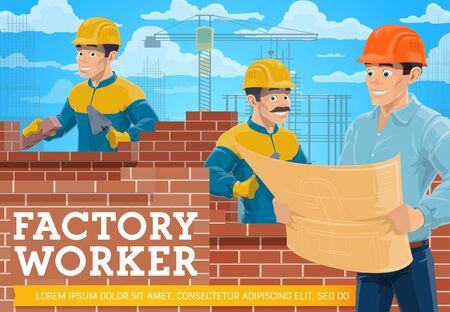 Bricklayer worker and architect at construction site. Building construction industry vector poster. Cartoon builder laying a bricks on cement, architect with construction plan and hardhat, crane winchのイラスト素材