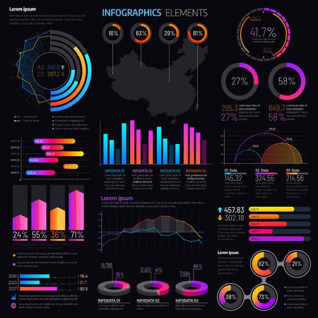 Infographics elements with vector graphs and charts. Business presentation info graphic templates with bar graphs, statistic data step and pie charts, timeline, process and option diagramsのイラスト素材