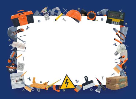 Diy tools, instruments vector border frame. Construction hardware, electric, repair and carpentry work tools. Screwdriver and saw, hammer and toolbox, planer, nippers and vise, cement and drillのイラスト素材