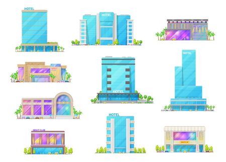 Hotel and night club buildings architecture isolated cartoon vector icons. Luxury apart hotels, city hostel apartments, nightclub resort. Building icons with glass facade, palm tree and parked carsのイラスト素材