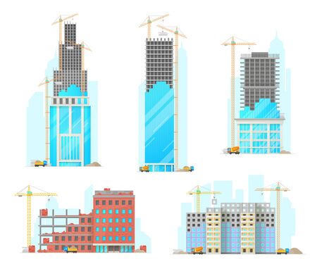 Building construction isolated cartoon vector icons. Industrial working cranes put stone blocks on buildings facade, concrete mixer and lorry with sand riding on site. Urban architecture build processのイラスト素材