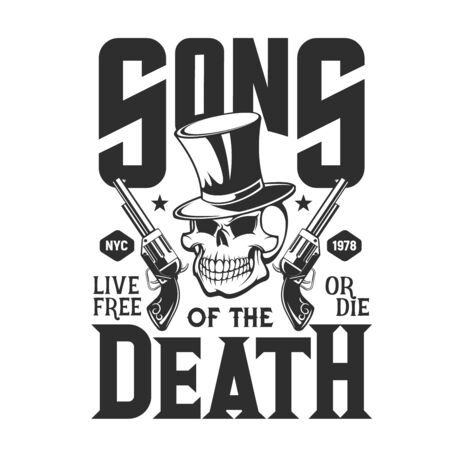 Skull gangster with guns, t-shirt print mockup. Vector laughing cranium head in cylinder top hat with crossed pistols. Monochrome skull mascot with weapon, sons of deathのイラスト素材