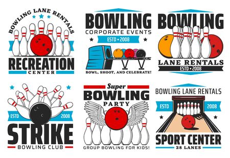 Bowling with skittles and ball on alley isolated vector icons. Sport and leisure game, recreation club, bowling center lane rentals and party service. Professional sports team tournament emblems setのイラスト素材