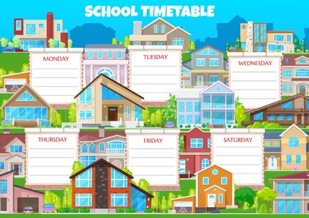 School timetable vector weekly shedule with buildings and residential houses. Weekly schedule with information about lessons . School education timetable calendar with modern apartmentsのイラスト素材