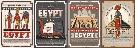 Egyptian gods, travel landmarks and culture vector posters. Isis, Amun, Hathor and Thoth deities, cobra snake, Abu Simbel temple and Djoser Pyramid. Egyptian antique civilization. Travel to Egyptのイラスト素材