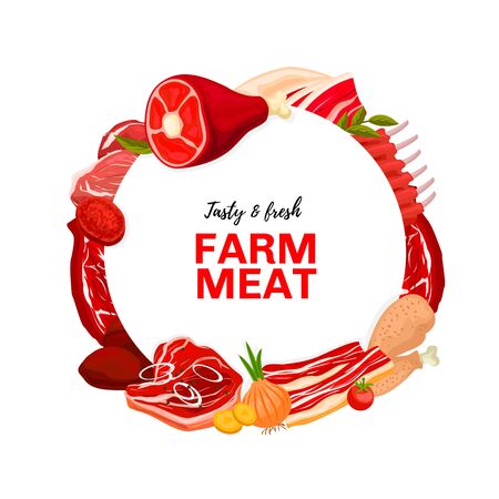 Meat products, butcher shop round vector frame. Cattle and poultry farm meat. Pig leg, pork ribs, bacon strips and belly, liver and veal, brisket, sirloin steak and beef, chicken or turkey legのイラスト素材