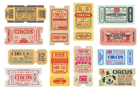 Retro tickets to big top circus show, isolated vector set. Vintage shapito event ticket, entrance coupon templates with big top tent and clown face. Circus carnival admit voucher with dotted lineのイラスト素材