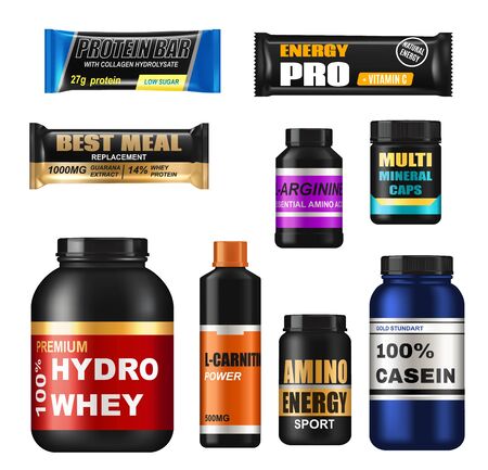 Sport nutrition realistic jars, isolated 3d vector protein supplements. Set of sports food bottles and low sugar protein bars. Fitness nutrition, vitamines, l-carnitne, caseine capsules and hydro wheyのイラスト素材