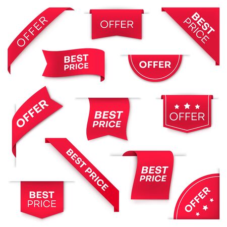 Best price, special offer vector banners or labels. Red ribbon, bookmark for web page and corners, arrow and round price tags. Sale promotion, business offer banners 3d realistic design elementsのイラスト素材