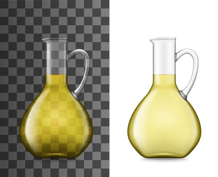 Olive oil jug realistic mockup of glass pitcher, bottle or jar with extra virgin olive oil. 3d vector template of clear container with handle and pouring lip, food ingredients and glassware designのイラスト素材