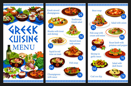 Greek cuisine menu vector template with seafood and meat, fish and desserts. Bean soup, shrimp risotto and trout cream soup, Greek salad with feta and olives, squid in wine sauce, cod roe dip