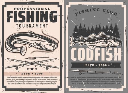 Fishing rods, catfish and cod fish vector design of fisherman sport club tournament. Fish with fisher tackle, reels, lines and float retro posters of outdoor recreation, hobby, sporting competitionのイラスト素材
