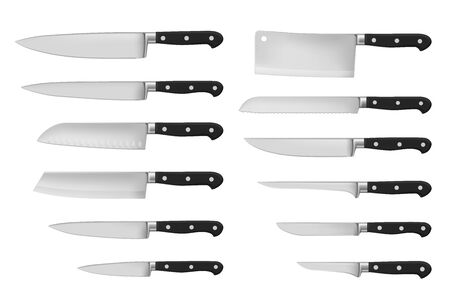 Kitchen and meat cutting knives set realistic vector of chef and butcher tools. Stainless cleaver, carving and chopping, chefs, filleting, boning and paring knives with black handles, cutlery designのイラスト素材