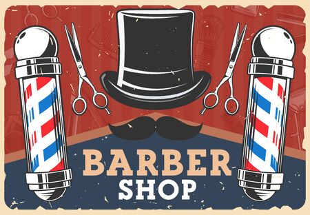 Barbershop retro poster with vector man hairdresser salon or barber shop vintage poles. Mustache and top hat with scissors, beard trim clipper, comb and shaving brush, razor, blade and grooming shaverのイラスト素材
