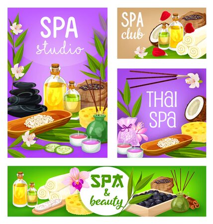 Spa salon, body care, health and beauty treatment. Vector massage stones, face skin and hair therapy, bath or sauna cream, lotion and towel, facial mask, aromatherapy candles, sticks, sponges and saltのイラスト素材