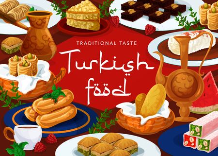 Turkish cuisine desserts food menu, pastry sweets, Turkey traditional patisserie and cafe food, vector. Turkish delight lokum, cigara borek and pistachio baklava, tavuk gogsu pudding and coffeeのイラスト素材