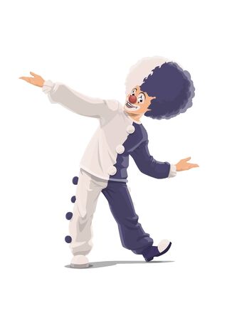 Clown, circus and big top cartoon chapiteau or shapito funfair carnival vector icon. Big top circus clown in white and blue wig and pom-poms costume with big boots, birthday party performerのイラスト素材