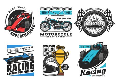 Racing and motorsport icons, motorcycle and car rally races, speedway and motocross vector emblems. Motor sport races club team, tournament cup, wheel, sportcar racetrack and finish flag signsのイラスト素材