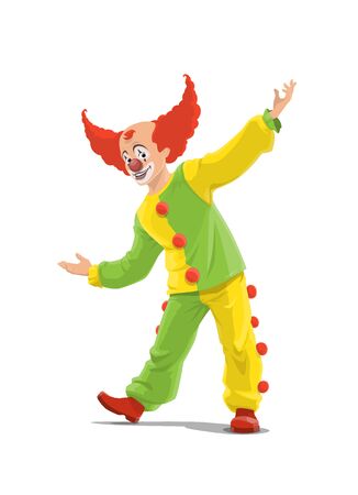 Clown, big top circus shapito clown in red wig, funfair carnival vector isolated cartoon character. Retro big top circus bald clown in green and yellow pom-poms costume, entertainment showのイラスト素材