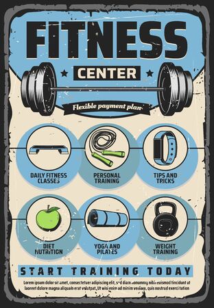 Fitness items, gym, equipment and sport health exercises, vector retro poster. Fitness center exercises yoga and pilates, bodybuilding and weightlifting, cycling, workout items and training equipmentのイラスト素材