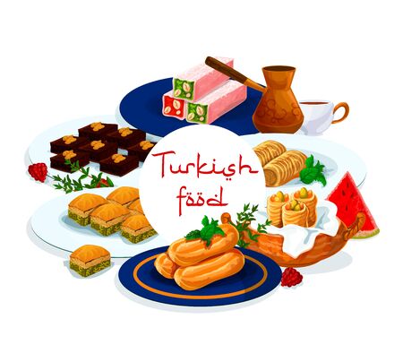 Turkish cuisine food menu, pastry desserts and sweets, traditional Turkey patisserie cafe or cafeteria, vector. Turkish coffee and chocolate cakes, cigara borek and drum choux sweet dessertのイラスト素材