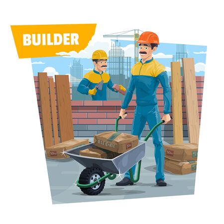 Builder workers, bricklayer or mason with wheelbarrow. Vector. Bricklayer in protective helmet working on construction site, carrying cement sacks in wheelbarrow and laying wall. Construction industryのイラスト素材