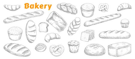 Bakery, pastry and bread isolated vector sketch icons. Engraved bake shop rye and wheat bread sorts, muffin, bun and bagel, sliced loaf, french baguette and croissant, pretzel and biscuit sketchのイラスト素材