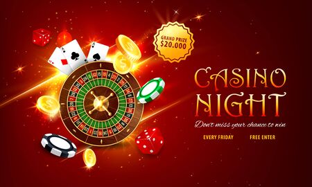 Internet casino landing page. Roulette and poker playing cards, golden coins, grand prize or jackpot sticker, red dice and various chips on sparkling red background. Online casino web vector bannerのイラスト素材