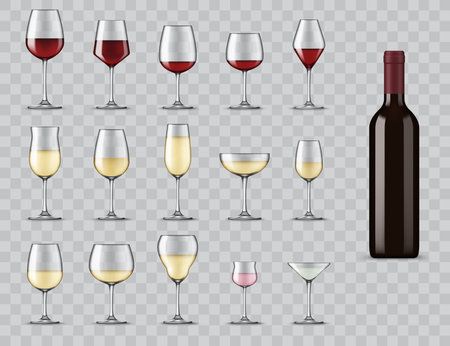 Types of wine glasses. Realistic bottle and glassware for white, red, rose wine, champagne and martini cocktail. Full, light and medium bodied glasses for alcohol drinks isolated 3d vector icons setのイラスト素材