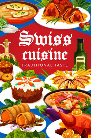 Swiss cuisine vector dishes duck with orange, bread cake, pearl barley and cheese soup, beef, wellington or carrot cake from aargau. Veal roll, perch fillet in style of lehmanenry Swiss food, posterのイラスト素材